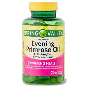 Spring Valley Evening Primrose Oil Women's Health Dietary Supplement Softgels, 1000 mg, 75 Count